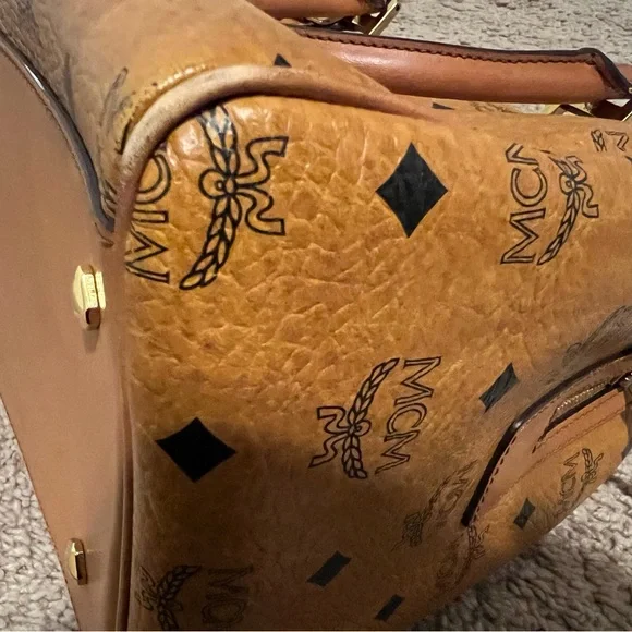 MCM Cognac Visetos Coated Canvas Heritage Boston Bag.